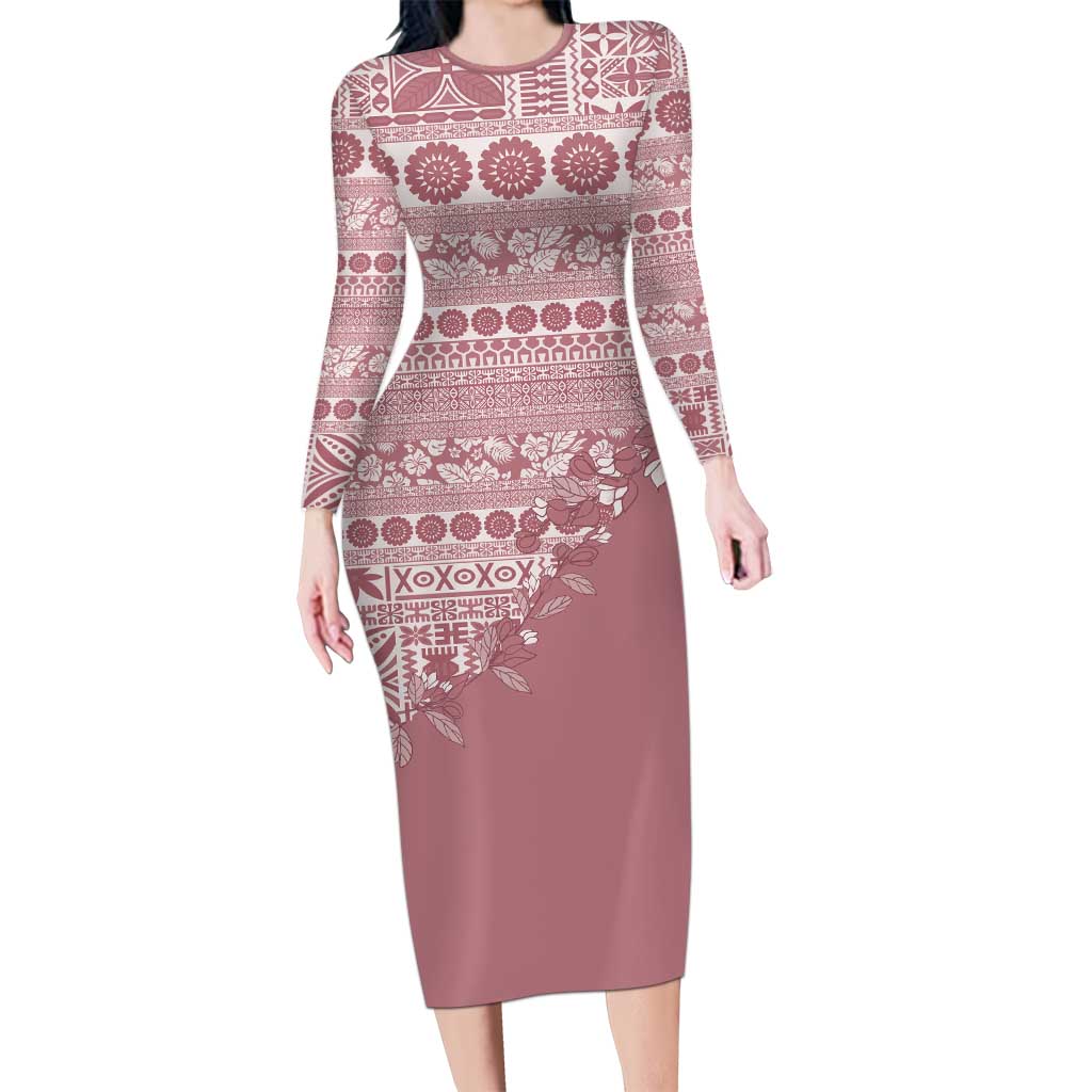 Fiji Marau na Kerisimasi Long Sleeve Bodycon Dress Dusty Rose Tagimoucia Tapa Masi Tribal - Polynesian Pride