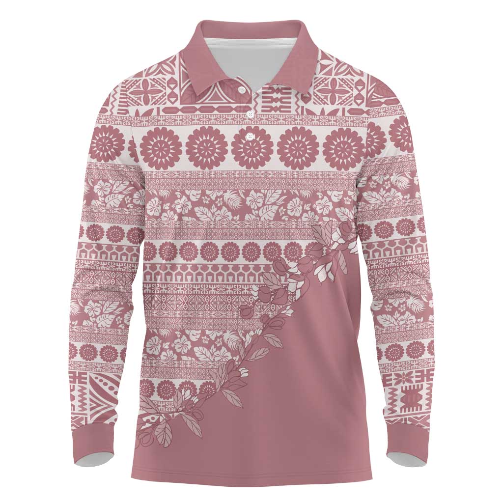 Fiji Marau na Kerisimasi Long Sleeve Polo Shirt Dusty Rose Tagimoucia Tapa Masi Tribal - Polynesian Pride