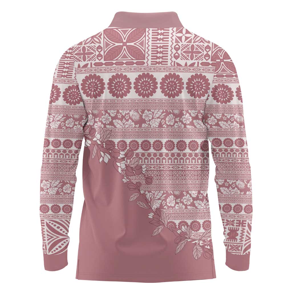 Fiji Marau na Kerisimasi Long Sleeve Polo Shirt Dusty Rose Tagimoucia Tapa Masi Tribal - Polynesian Pride