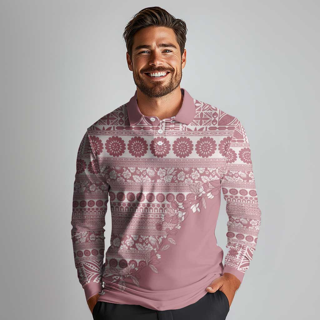 Fiji Marau na Kerisimasi Long Sleeve Polo Shirt Dusty Rose Tagimoucia Tapa Masi Tribal - Polynesian Pride