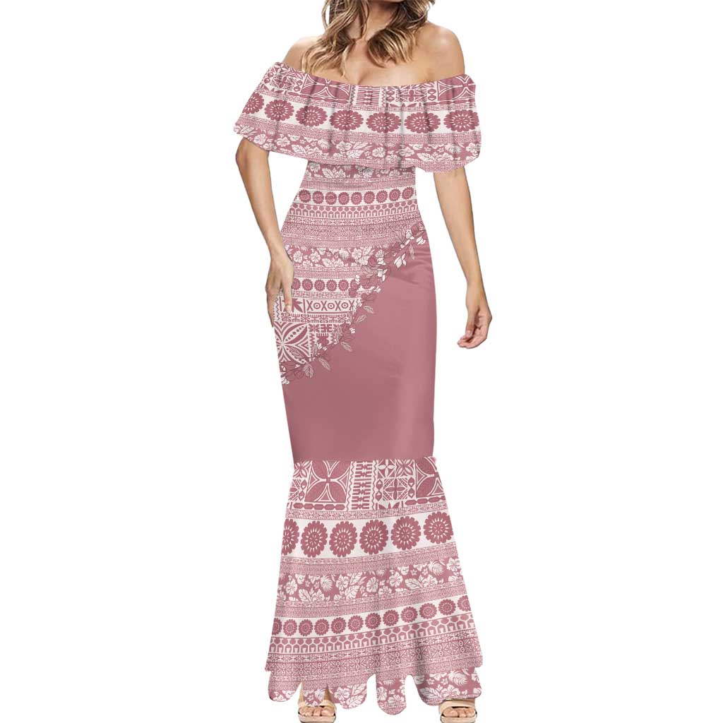 Fiji Marau na Kerisimasi Mermaid Dress Dusty Rose Tagimoucia Tapa Masi Tribal - Polynesian Pride