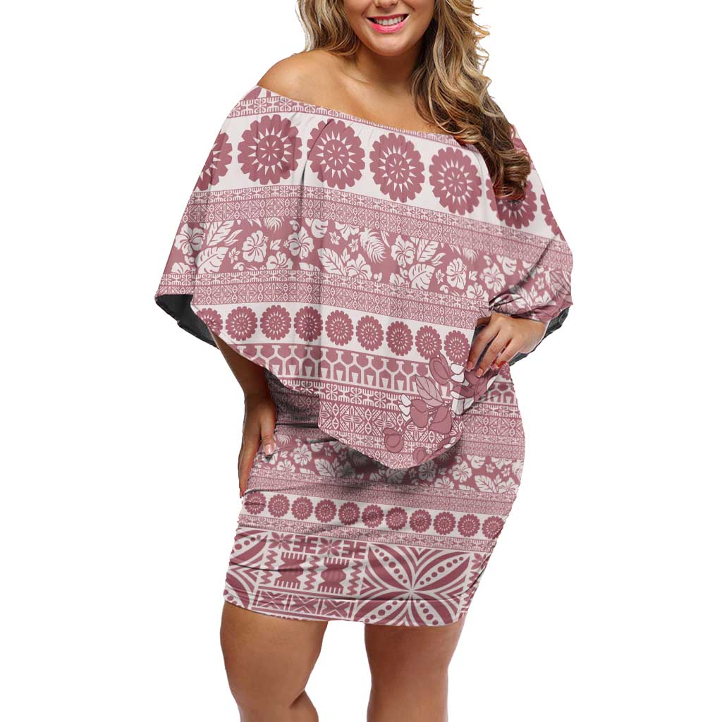 Fiji Marau na Kerisimasi Off Shoulder Short Dress Dusty Rose Tagimoucia Tapa Masi Tribal LT9 Women Pink - Polynesian Pride