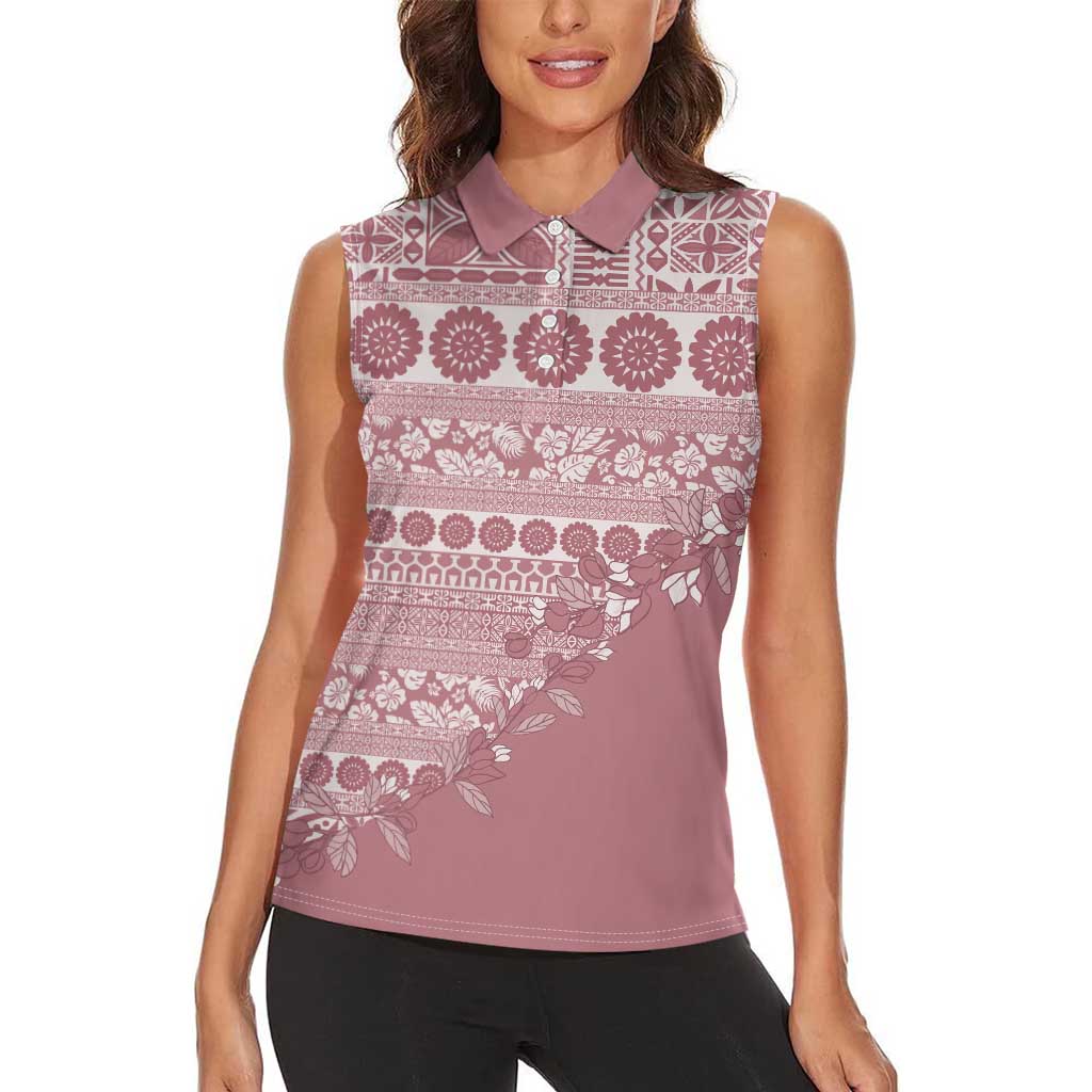 Fiji Marau na Kerisimasi Women Sleeveless Polo Shirt Dusty Rose Tagimoucia Tapa Masi Tribal - Polynesian Pride