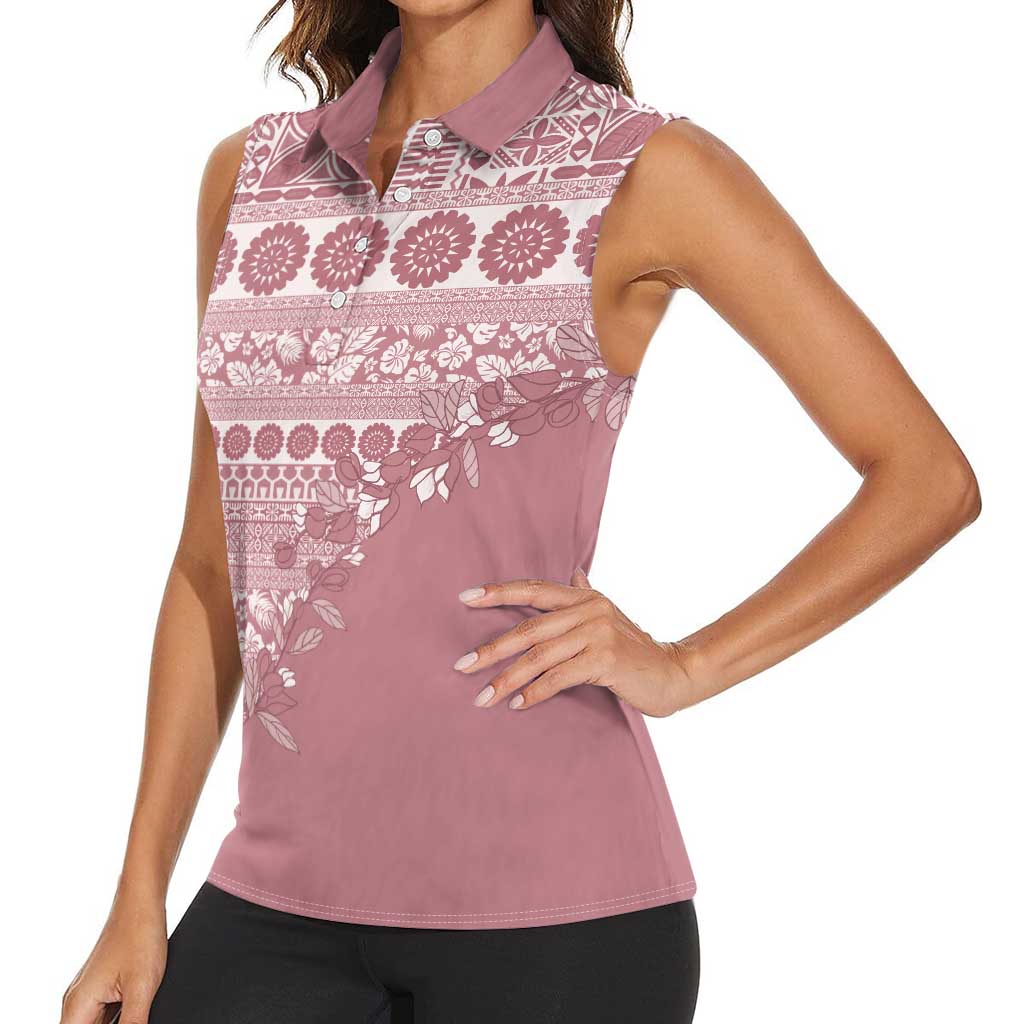 Fiji Marau na Kerisimasi Women Sleeveless Polo Shirt Dusty Rose Tagimoucia Tapa Masi Tribal - Polynesian Pride