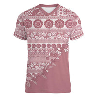 Fiji Marau na Kerisimasi Women V-Neck T-Shirt Dusty Rose Tagimoucia Tapa Masi Tribal - Polynesian Pride