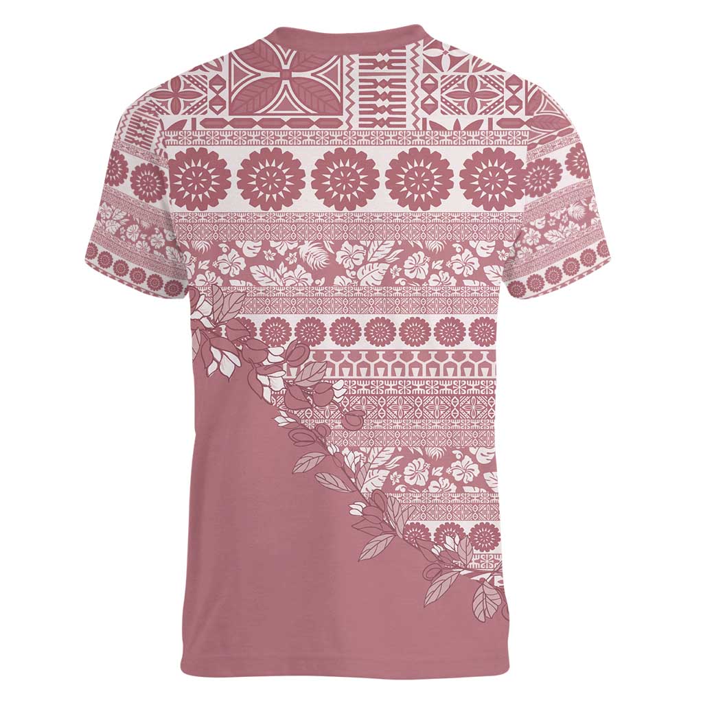 Fiji Marau na Kerisimasi Women V-Neck T-Shirt Dusty Rose Tagimoucia Tapa Masi Tribal - Polynesian Pride