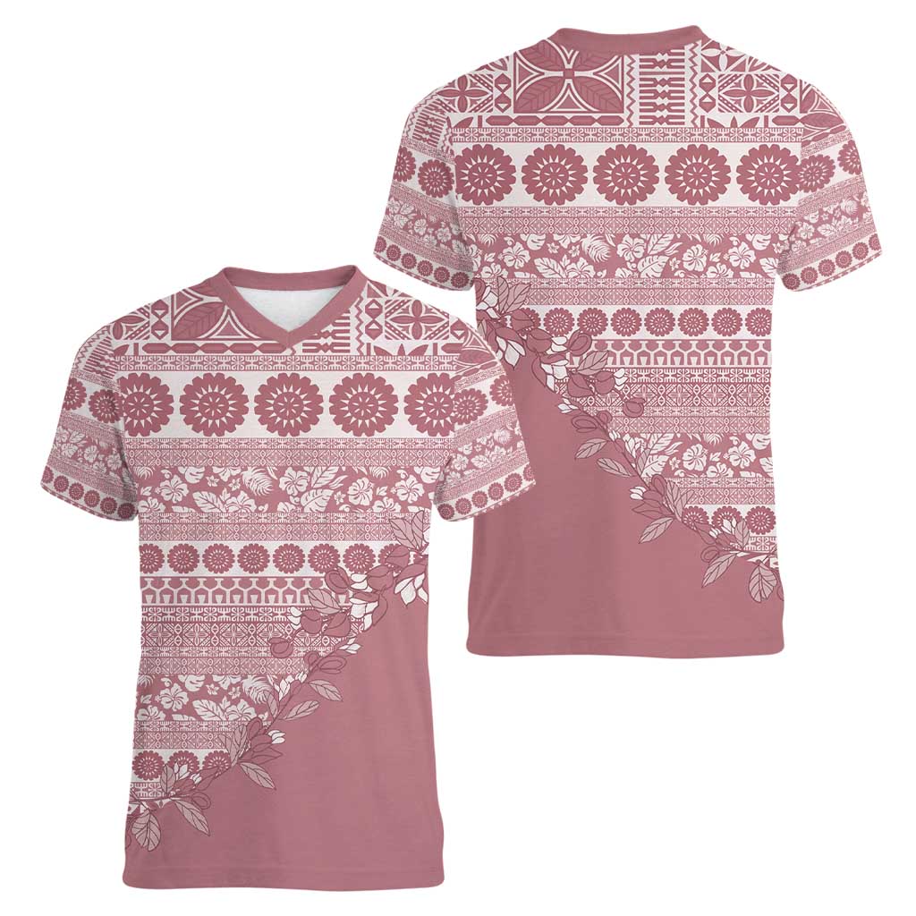 Fiji Marau na Kerisimasi Women V-Neck T-Shirt Dusty Rose Tagimoucia Tapa Masi Tribal - Polynesian Pride