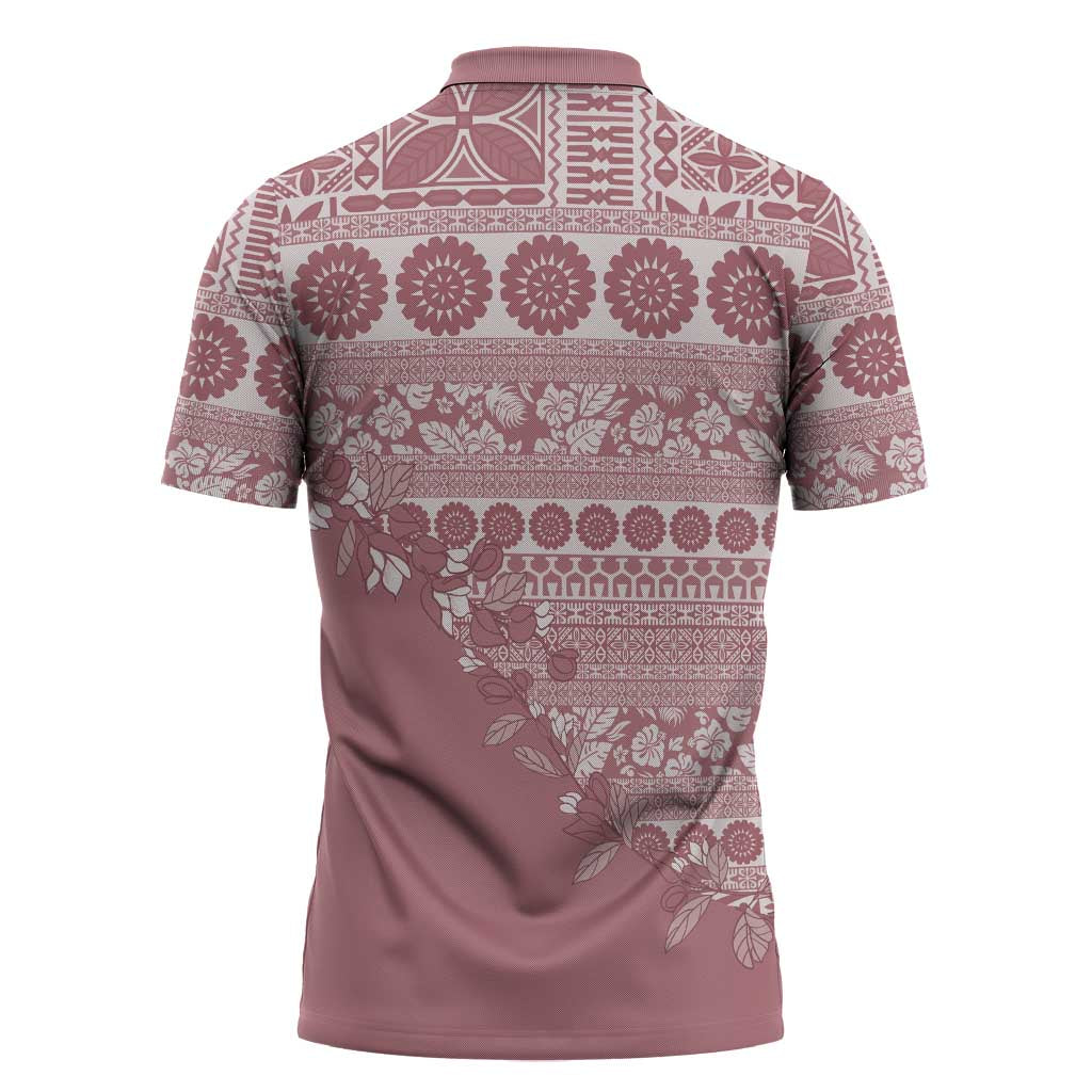 Fiji Marau na Kerisimasi Zipper Polo Shirt Dusty Rose Tagimoucia Tapa Masi Tribal - Polynesian Pride