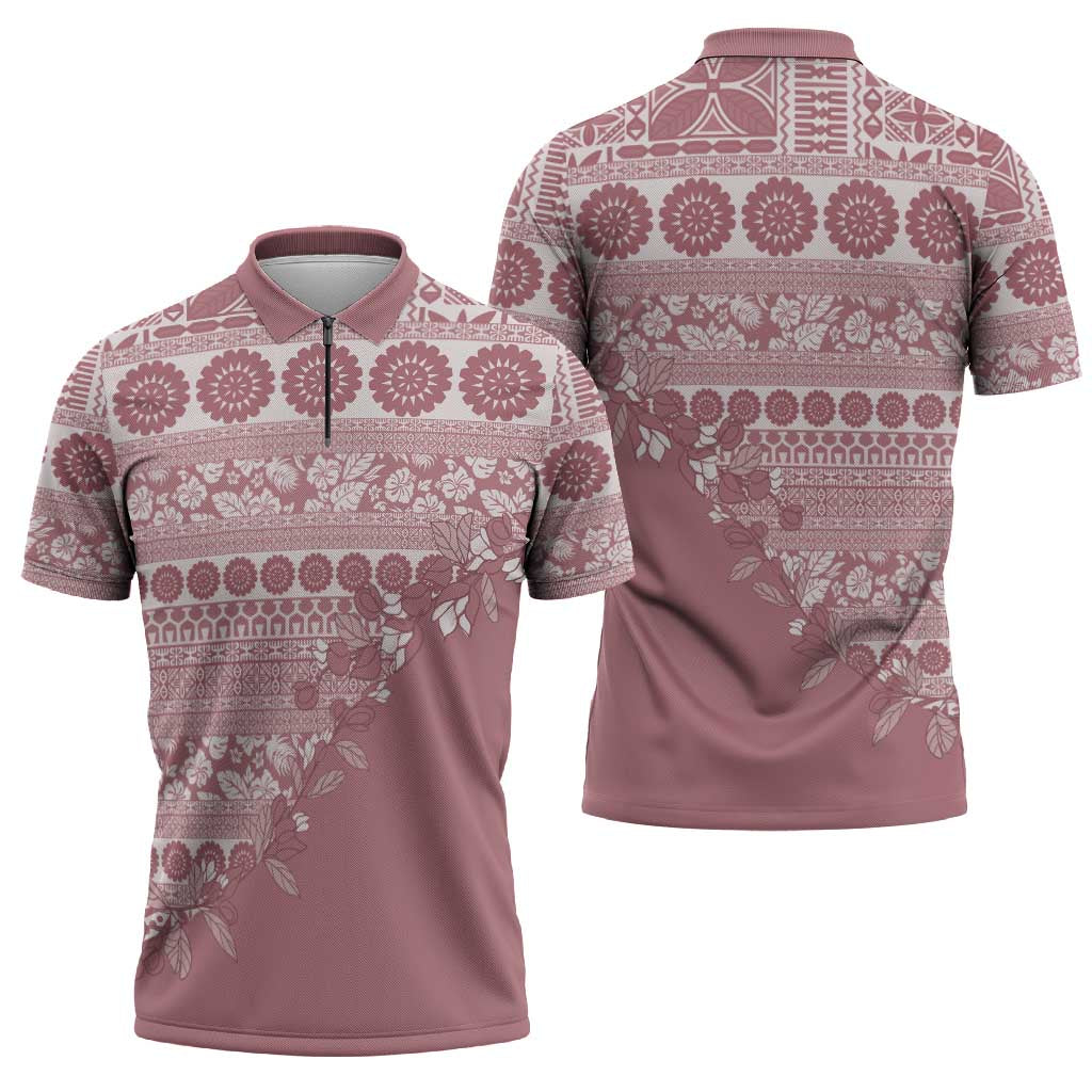 Fiji Marau na Kerisimasi Zipper Polo Shirt Dusty Rose Tagimoucia Tapa Masi Tribal - Polynesian Pride