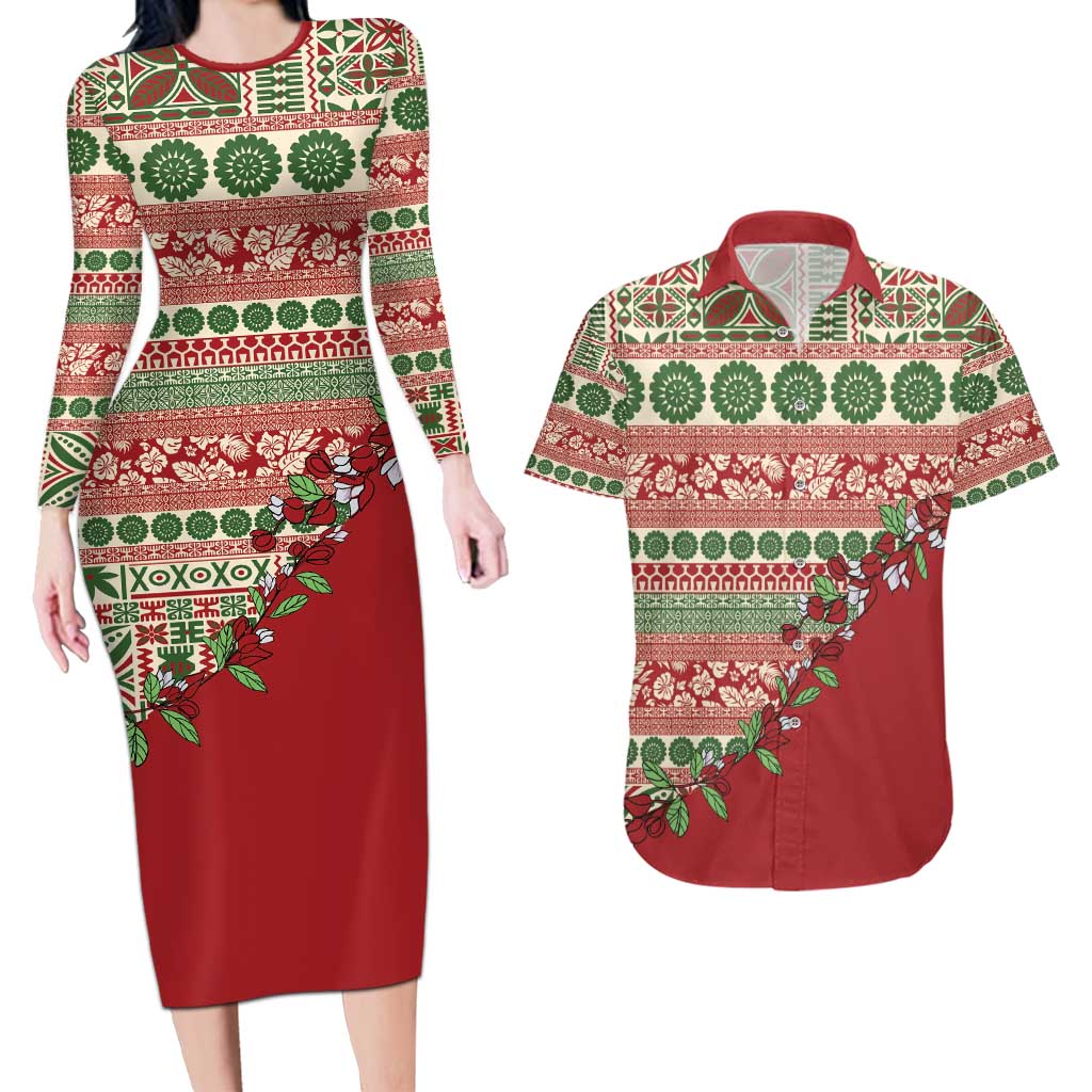 Fiji Marau na Kerisimasi Couples Matching Long Sleeve Bodycon Dress and Hawaiian Shirt Red Tagimoucia Tapa Masi Tribal - Polynesian Pride