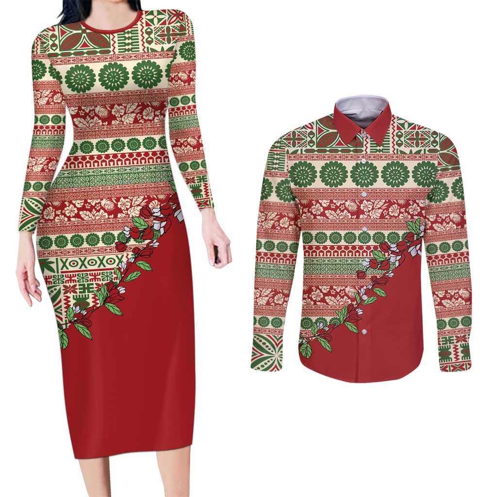 Fiji Marau na Kerisimasi Couples Matching Long Sleeve Bodycon Dress and Long Sleeve Button Shirt Red Tagimoucia Tapa Masi Tribal - Polynesian Pride