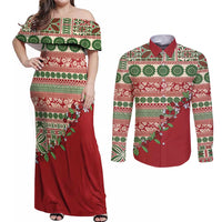 Fiji Marau na Kerisimasi Couples Matching Off Shoulder Maxi Dress and Long Sleeve Button Shirt Red Tagimoucia Tapa Masi Tribal - Polynesian Pride