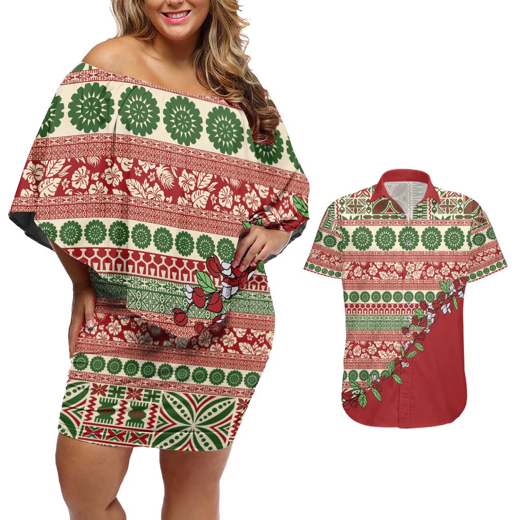 Fiji Marau na Kerisimasi Couples Matching Off Shoulder Short Dress and Hawaiian Shirt Red Tagimoucia Tapa Masi Tribal - Polynesian Pride