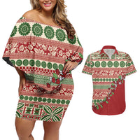 Fiji Marau na Kerisimasi Couples Matching Off Shoulder Short Dress and Hawaiian Shirt Red Tagimoucia Tapa Masi Tribal - Polynesian Pride
