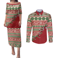 Fiji Marau na Kerisimasi Couples Matching Puletasi and Long Sleeve Button Shirt Red Tagimoucia Tapa Masi Tribal - Polynesian Pride