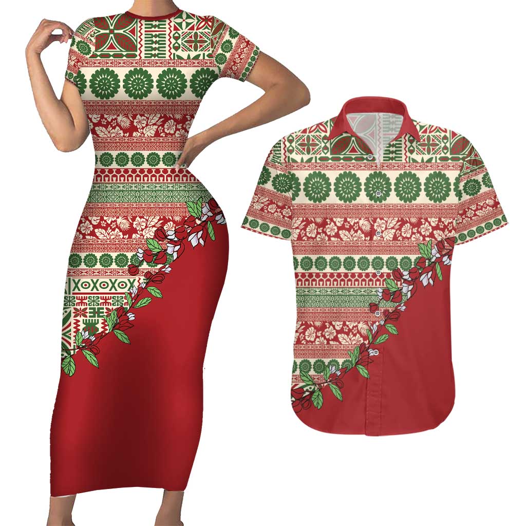 Fiji Marau na Kerisimasi Couples Matching Short Sleeve Bodycon Dress and Hawaiian Shirt Red Tagimoucia Tapa Masi Tribal - Polynesian Pride