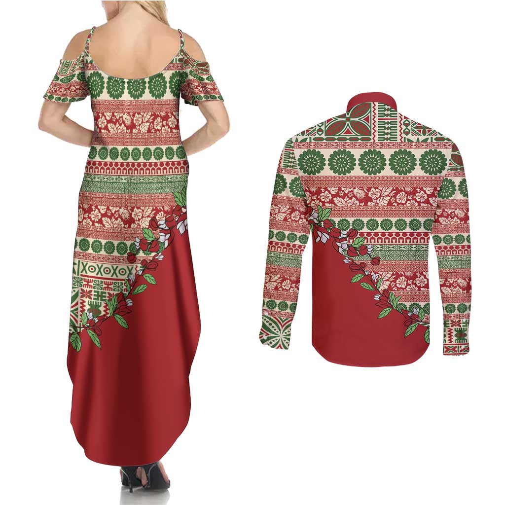 Fiji Marau na Kerisimasi Couples Matching Summer Maxi Dress and Long Sleeve Button Shirt Red Tagimoucia Tapa Masi Tribal - Polynesian Pride