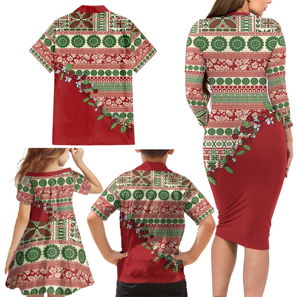 Fiji Marau na Kerisimasi Family Matching Long Sleeve Bodycon Dress and Hawaiian Shirt Red Tagimoucia Tapa Masi Tribal - Polynesian Pride