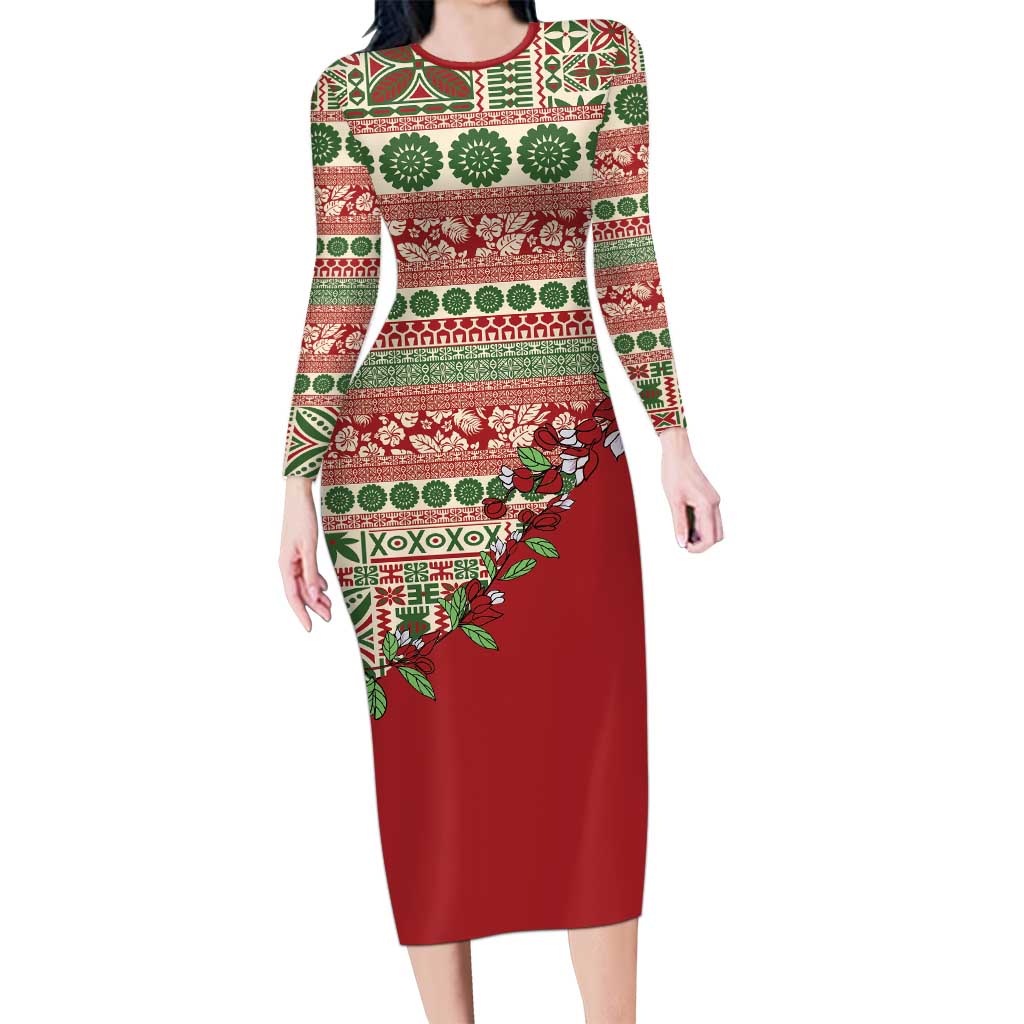 Fiji Marau na Kerisimasi Family Matching Long Sleeve Bodycon Dress and Hawaiian Shirt Red Tagimoucia Tapa Masi Tribal - Polynesian Pride