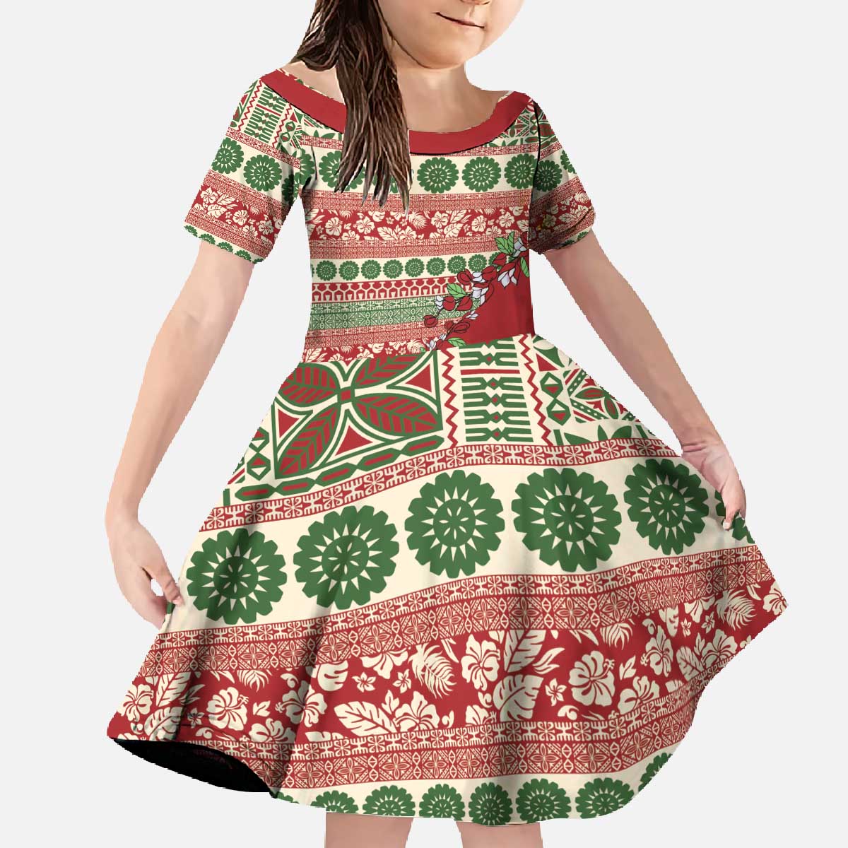 Fiji Marau na Kerisimasi Family Matching Off The Shoulder Long Sleeve Dress and Hawaiian Shirt Red Tagimoucia Tapa Masi Tribal - Polynesian Pride