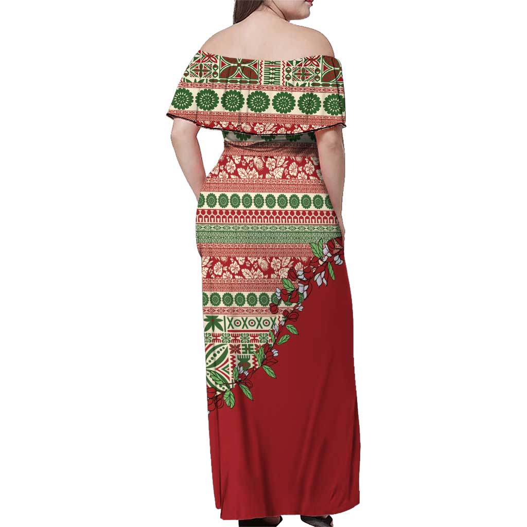 Fiji Marau na Kerisimasi Family Matching Off Shoulder Maxi Dress and Hawaiian Shirt Red Tagimoucia Tapa Masi Tribal - Polynesian Pride