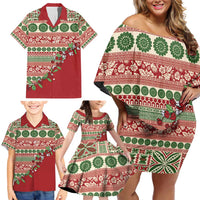 Fiji Marau na Kerisimasi Family Matching Off Shoulder Short Dress and Hawaiian Shirt Red Tagimoucia Tapa Masi Tribal - Polynesian Pride