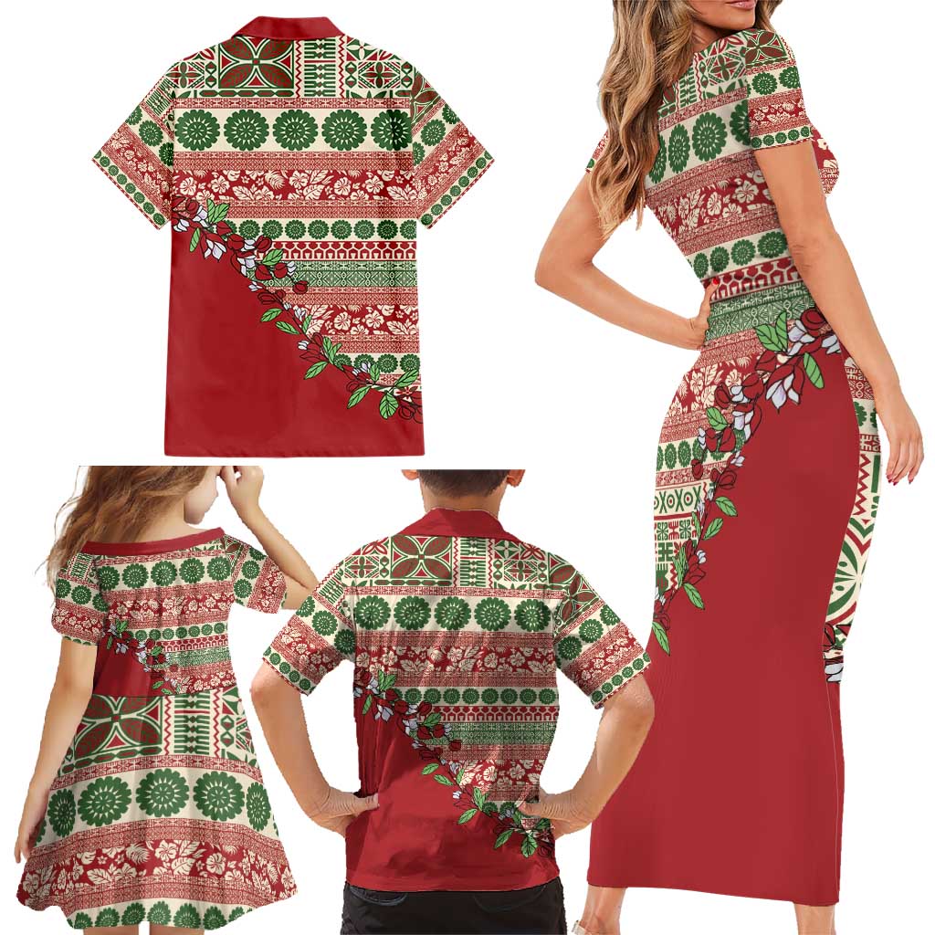 Fiji Marau na Kerisimasi Family Matching Short Sleeve Bodycon Dress and Hawaiian Shirt Red Tagimoucia Tapa Masi Tribal - Polynesian Pride