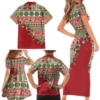 Fiji Marau na Kerisimasi Family Matching Short Sleeve Bodycon Dress and Hawaiian Shirt Red Tagimoucia Tapa Masi Tribal - Polynesian Pride