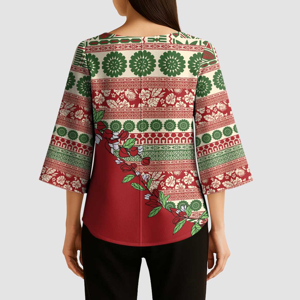 Fiji Marau na Kerisimasi Kimono Sleeve Blouse Red Tagimoucia Tapa Masi Tribal - Polynesian Pride