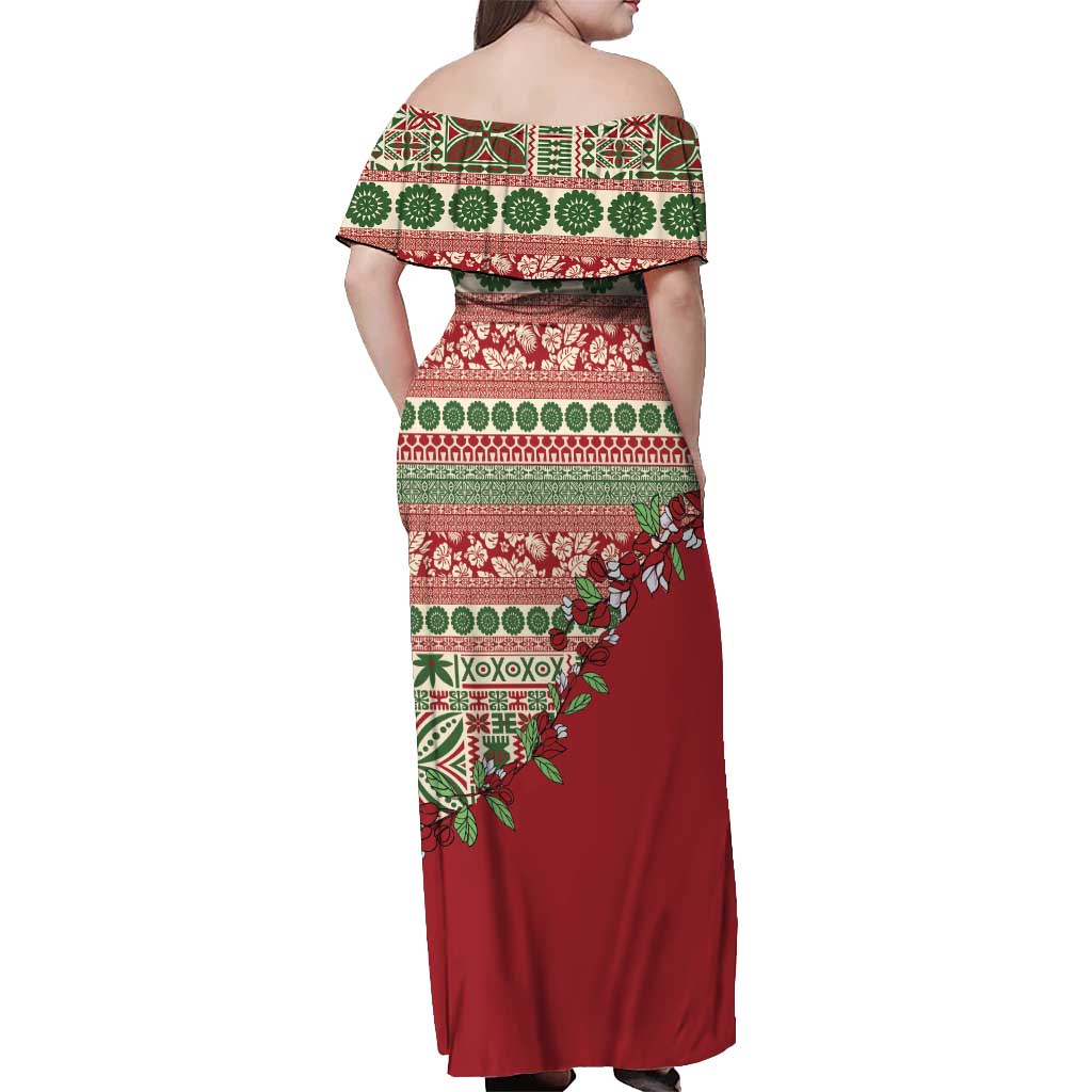 Fiji Marau na Kerisimasi Off Shoulder Maxi Dress Red Tagimoucia Tapa Masi Tribal - Polynesian Pride