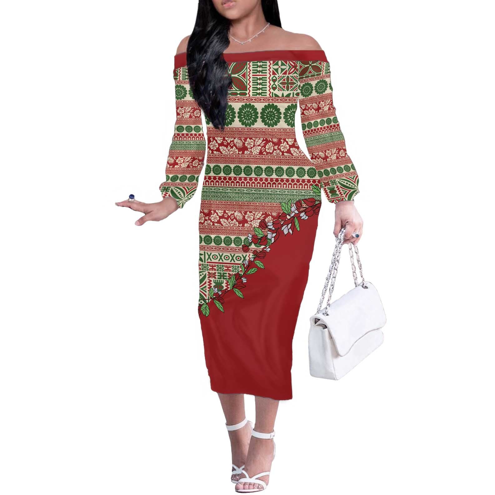 Fiji Marau na Kerisimasi Off The Shoulder Long Sleeve Dress Red Tagimoucia Tapa Masi Tribal - Polynesian Pride
