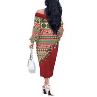 Fiji Marau na Kerisimasi Off The Shoulder Long Sleeve Dress Red Tagimoucia Tapa Masi Tribal - Polynesian Pride
