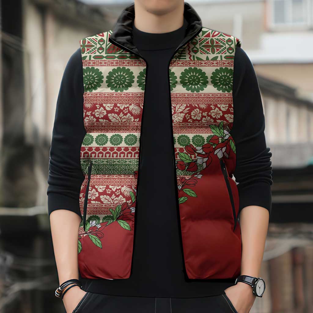 Fiji Marau na Kerisimasi Sleeveless Puffer Jacket Red Tagimoucia Tapa Masi Tribal - Polynesian Pride
