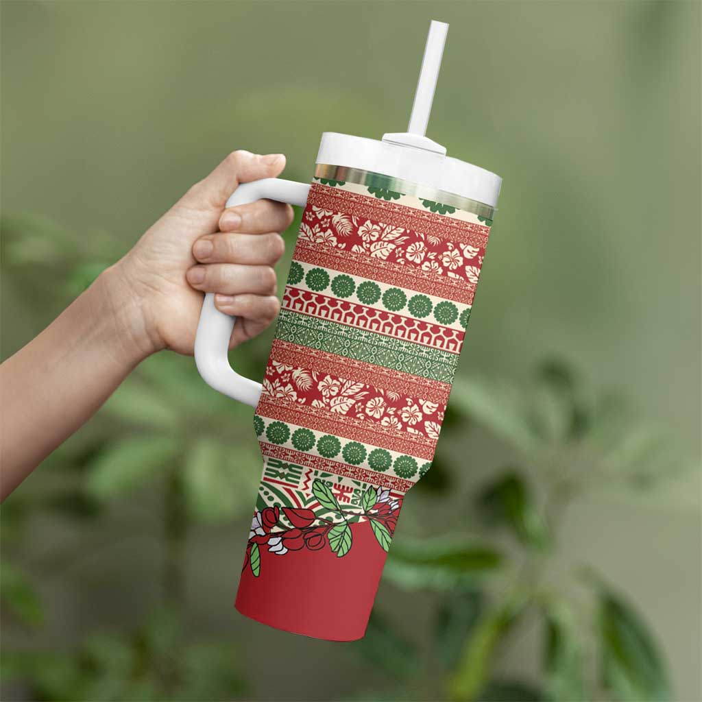 Fiji Marau na Kerisimasi Tumbler With Handle Red Tagimoucia Tapa Masi Tribal - Polynesian Pride