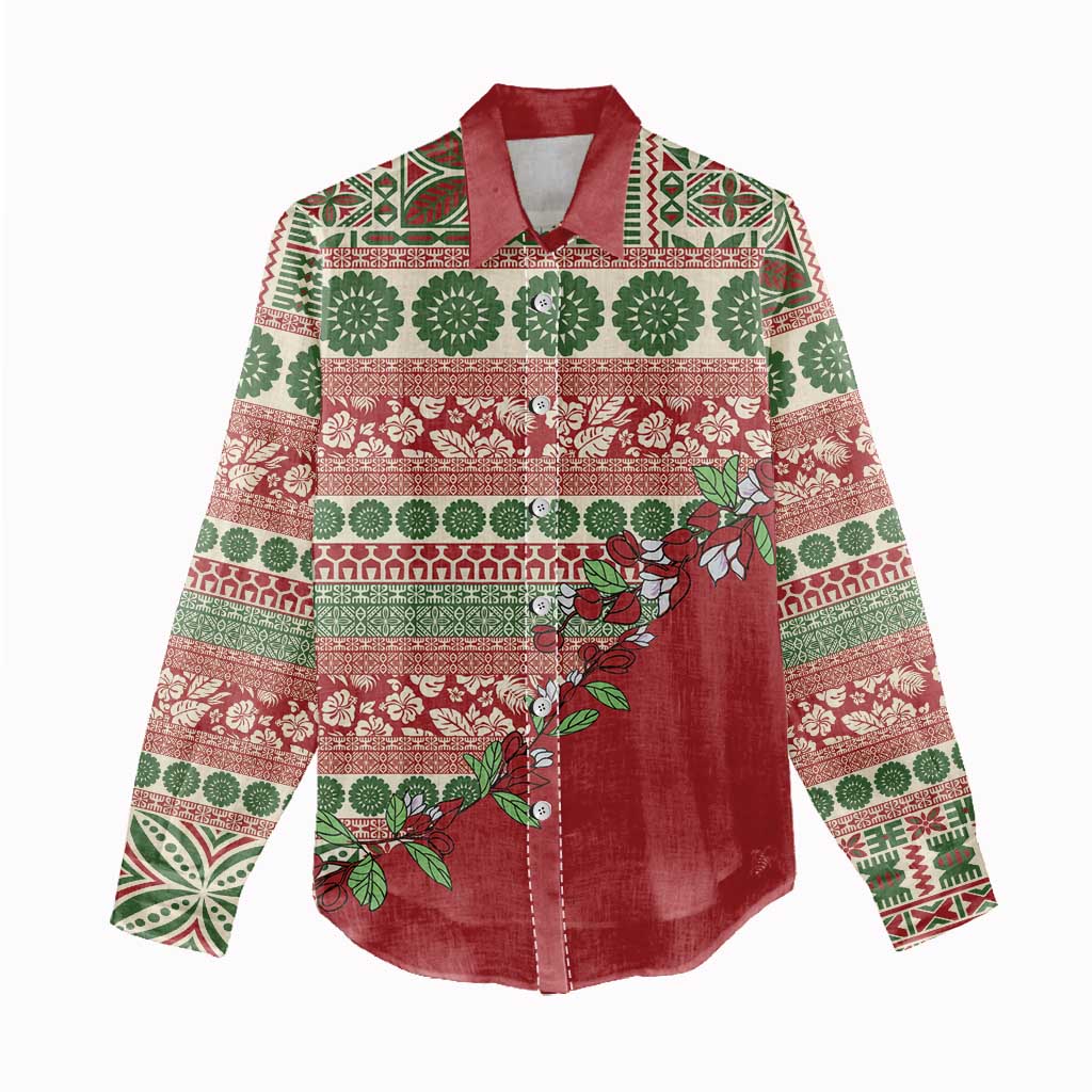Fiji Marau na Kerisimasi Women Casual Shirt Red Tagimoucia Tapa Masi Tribal - Polynesian Pride