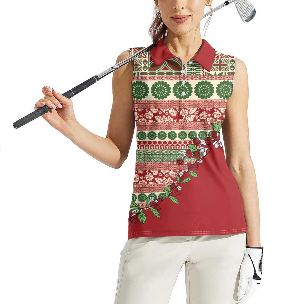 Fiji Marau na Kerisimasi Women Sleeveless Polo Shirt Red Tagimoucia Tapa Masi Tribal - Polynesian Pride