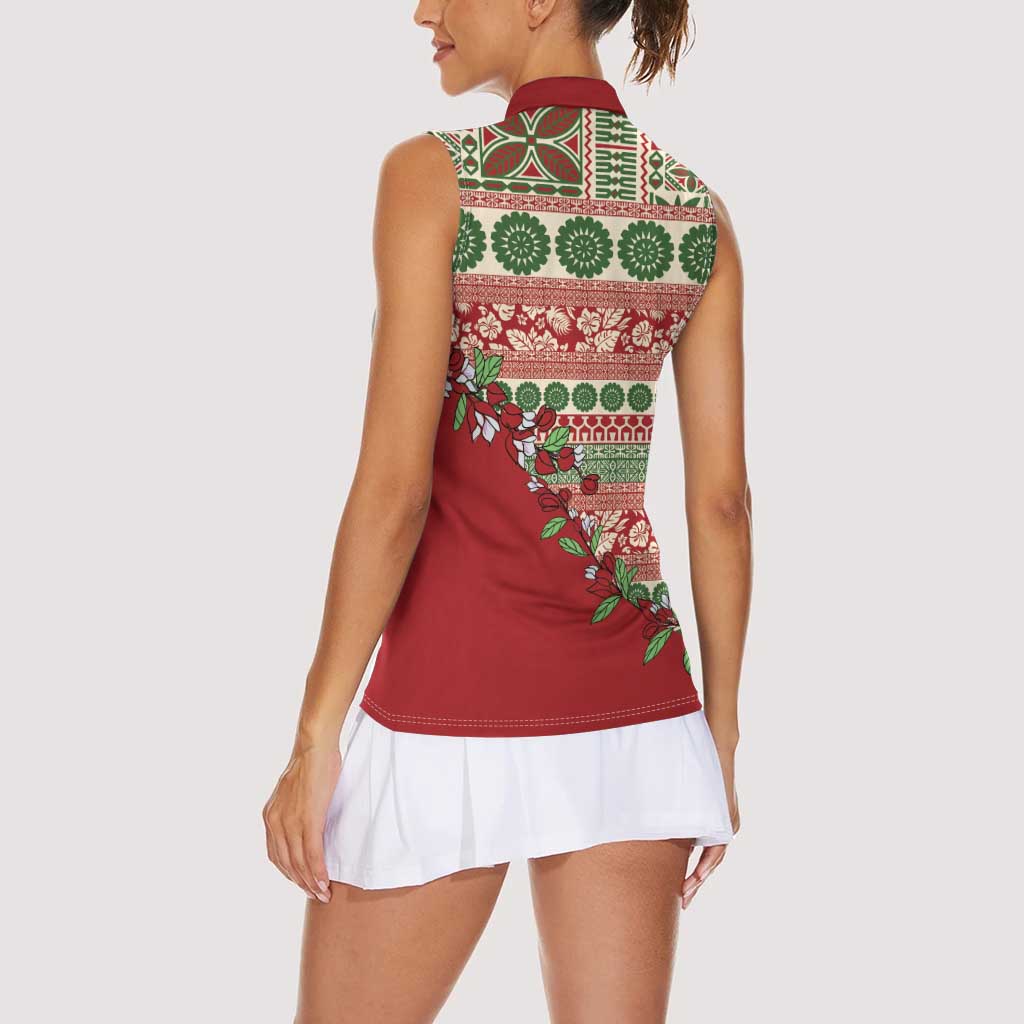 Fiji Marau na Kerisimasi Women Sleeveless Polo Shirt Red Tagimoucia Tapa Masi Tribal - Polynesian Pride