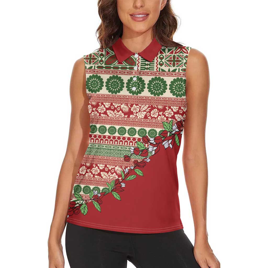 Fiji Marau na Kerisimasi Women Sleeveless Polo Shirt Red Tagimoucia Tapa Masi Tribal - Polynesian Pride