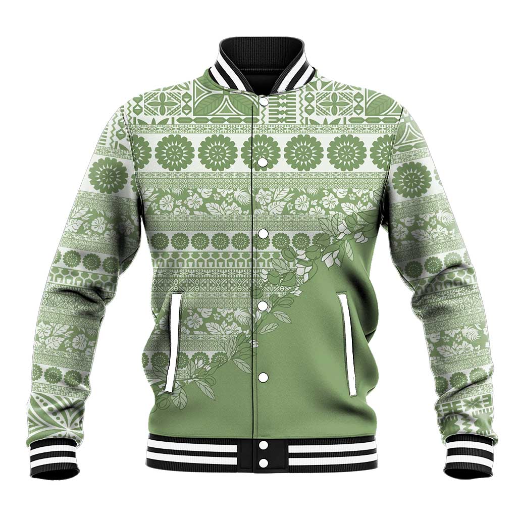 Fiji Marau na Kerisimasi Baseball Jacket Sage Green Tagimoucia Tapa Masi Tribal - Polynesian Pride