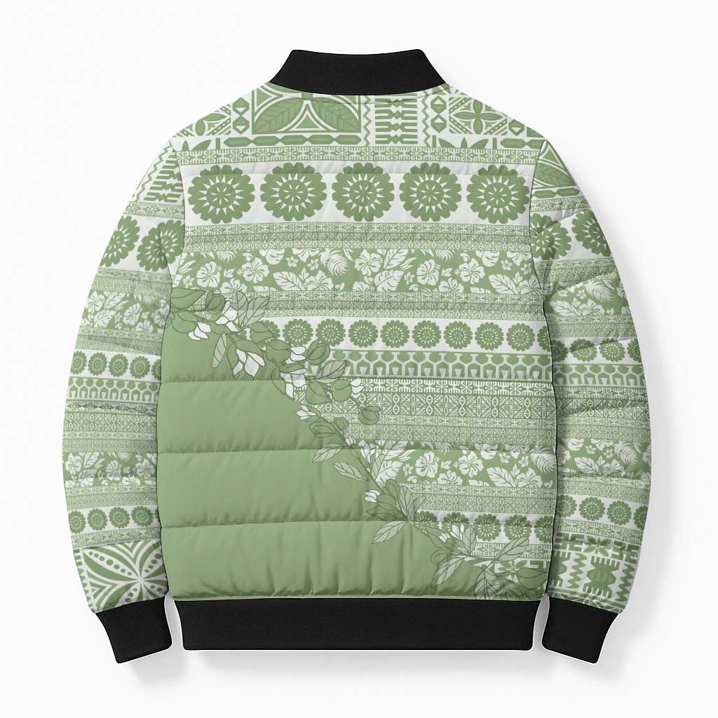 Fiji Marau na Kerisimasi Bomber Puffer Jacket Sage Green Tagimoucia Tapa Masi Tribal - Polynesian Pride