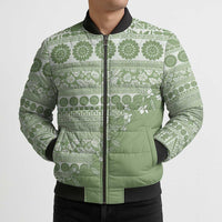 Fiji Marau na Kerisimasi Bomber Puffer Jacket Sage Green Tagimoucia Tapa Masi Tribal - Polynesian Pride