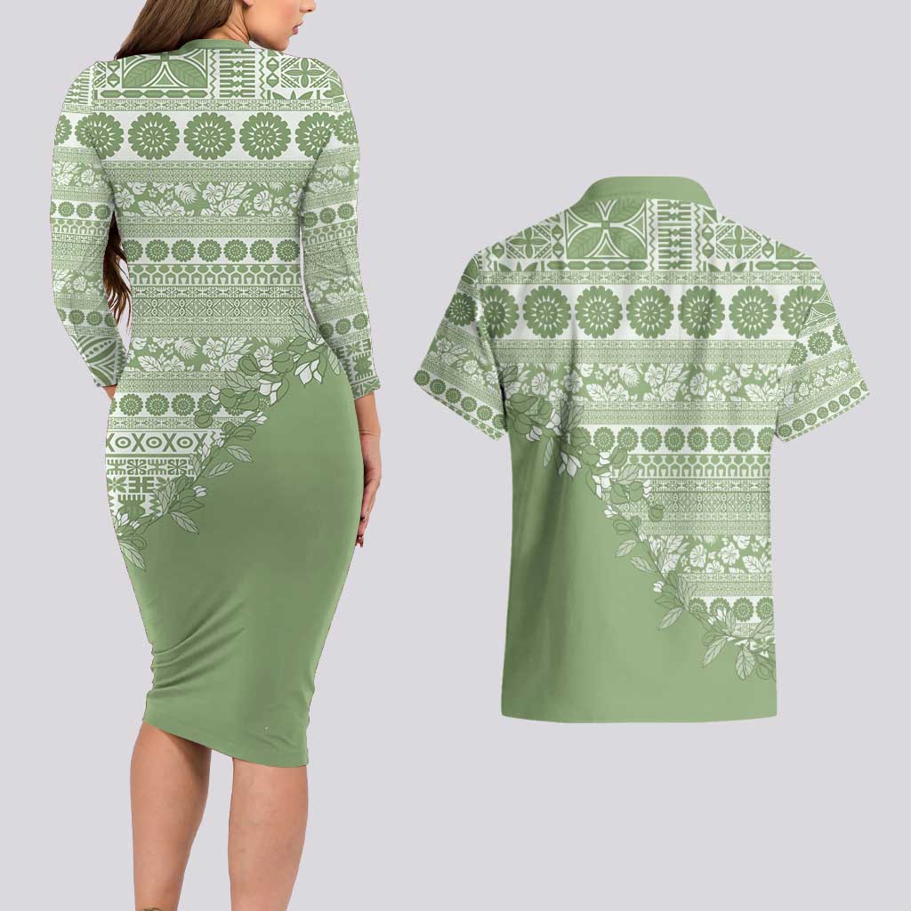 Fiji Marau na Kerisimasi Couples Matching Long Sleeve Bodycon Dress and Hawaiian Shirt Sage Green Tagimoucia Tapa Masi Tribal - Polynesian Pride