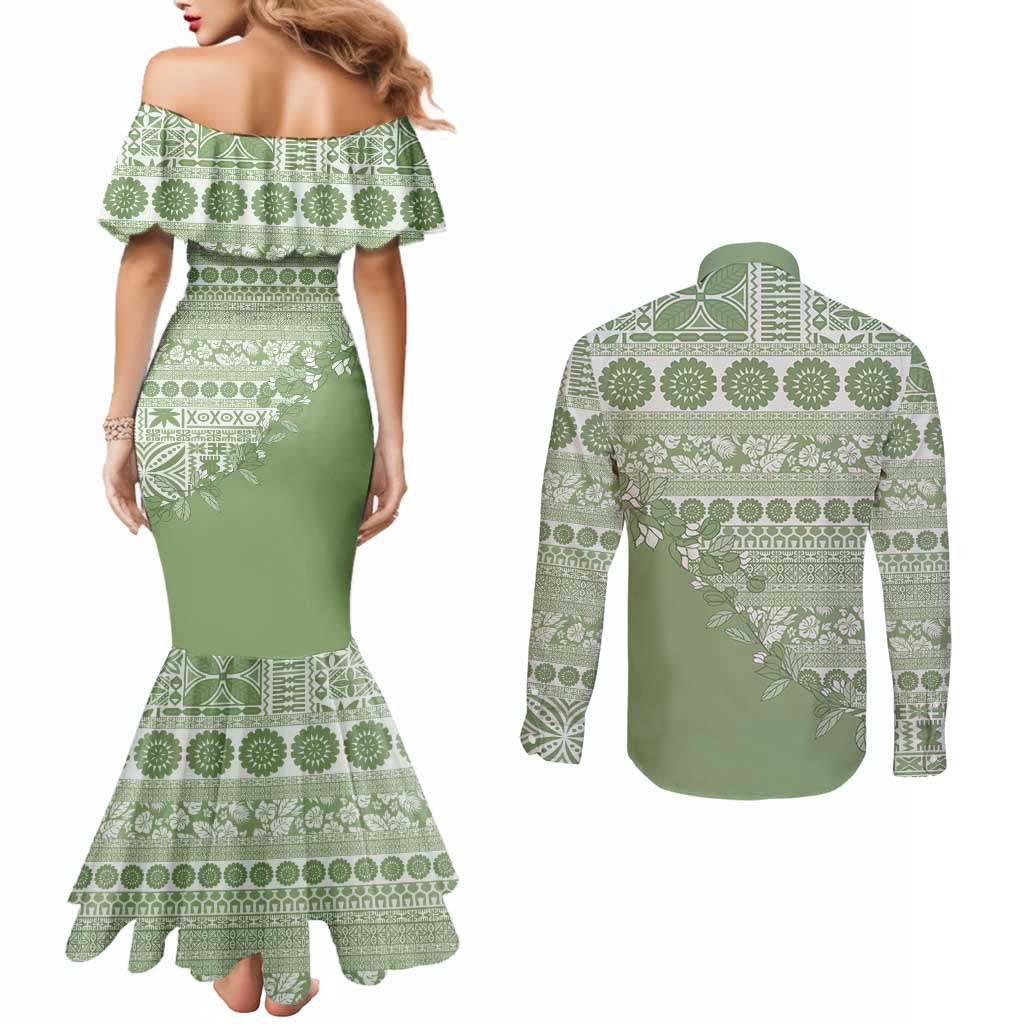 Fiji Marau na Kerisimasi Couples Matching Mermaid Dress and Long Sleeve Button Shirt Sage Green Tagimoucia Tapa Masi Tribal - Polynesian Pride