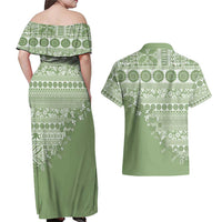 Fiji Marau na Kerisimasi Couples Matching Off Shoulder Maxi Dress and Hawaiian Shirt Sage Green Tagimoucia Tapa Masi Tribal - Polynesian Pride