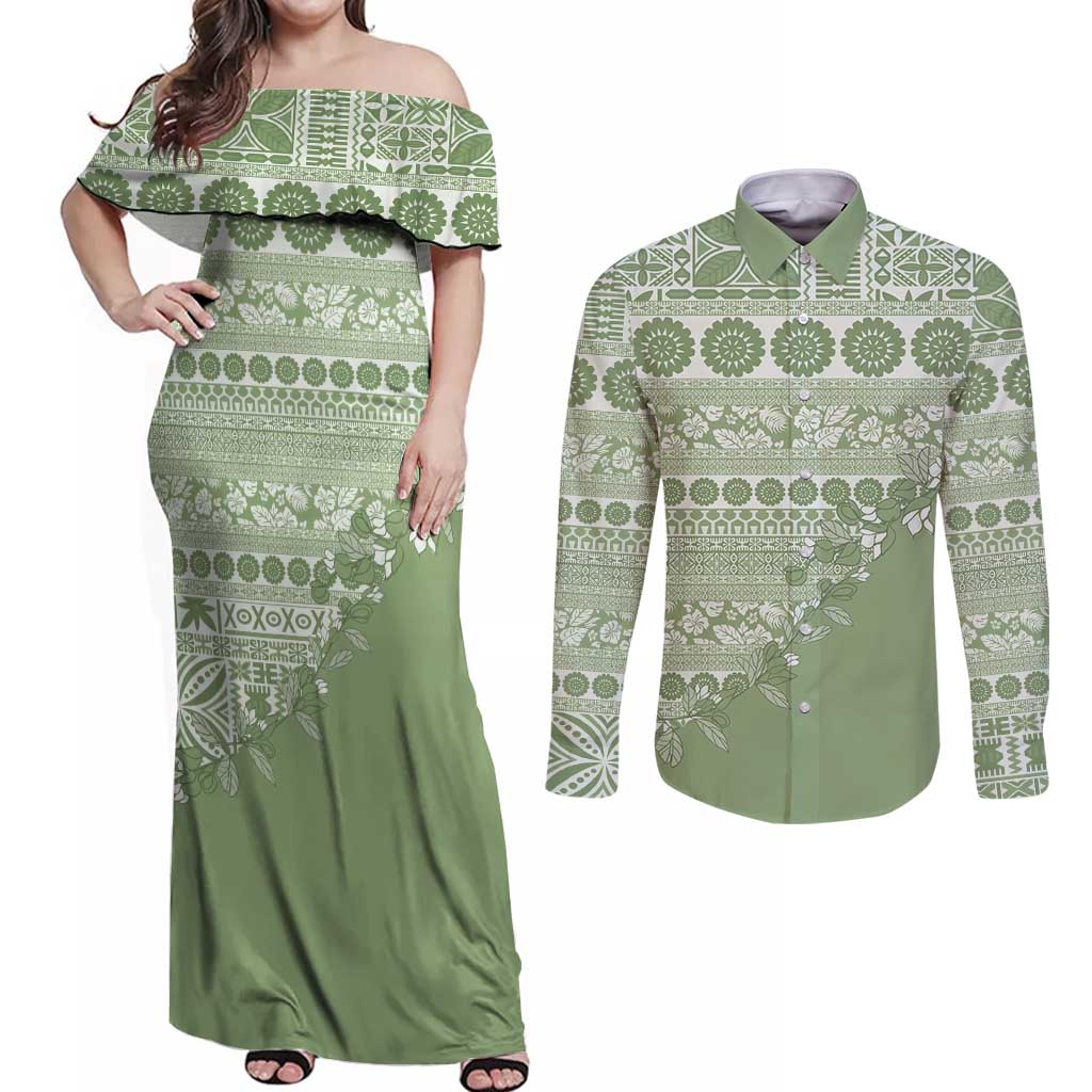 Fiji Marau na Kerisimasi Couples Matching Off Shoulder Maxi Dress and Long Sleeve Button Shirt Sage Green Tagimoucia Tapa Masi Tribal - Polynesian Pride