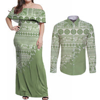 Fiji Marau na Kerisimasi Couples Matching Off Shoulder Maxi Dress and Long Sleeve Button Shirt Sage Green Tagimoucia Tapa Masi Tribal - Polynesian Pride