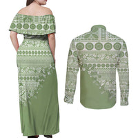 Fiji Marau na Kerisimasi Couples Matching Off Shoulder Maxi Dress and Long Sleeve Button Shirt Sage Green Tagimoucia Tapa Masi Tribal - Polynesian Pride