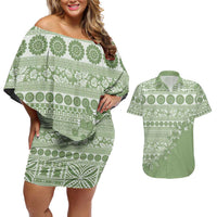 Fiji Marau na Kerisimasi Couples Matching Off Shoulder Short Dress and Hawaiian Shirt Sage Green Tagimoucia Tapa Masi Tribal - Polynesian Pride