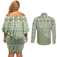 Fiji Marau na Kerisimasi Couples Matching Off Shoulder Short Dress and Long Sleeve Button Shirt Sage Green Tagimoucia Tapa Masi Tribal - Polynesian Pride