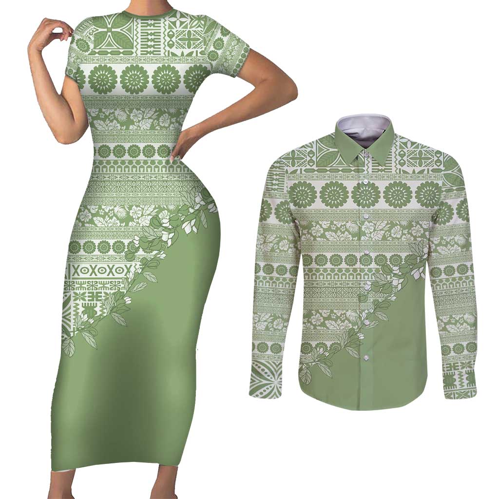 Fiji Marau na Kerisimasi Couples Matching Short Sleeve Bodycon Dress and Long Sleeve Button Shirt Sage Green Tagimoucia Tapa Masi Tribal - Polynesian Pride